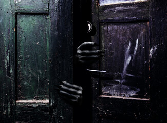 Photo of old obsolete and shaded abandoned grungy door with scary female monster hands with claws reaching out from darkness. - obrazy, fototapety, plakaty