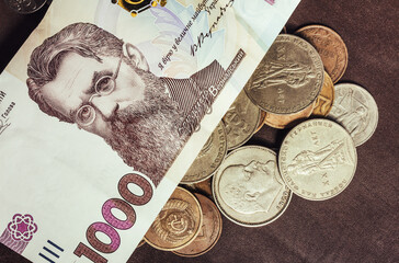 Photo of ukrainian banknote laying on coins on leather surface.