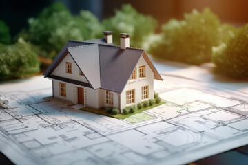 3d small house model on architecture floorplan. Generative AI