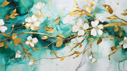 Contemporary alcohol ink Background. Beautiful jasmine blossoms, Beautiful green with gold...