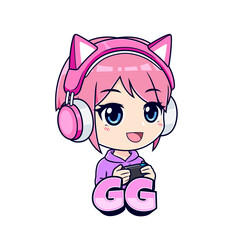 Cute anime gamer girl cartoon mascot logo vector