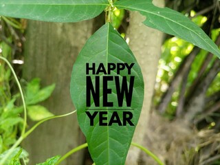 Leaves on the ground.Happy new year written on green leaf.
