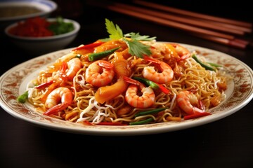 Chinese noodles with shrimp, vegetables, and sauce on plate