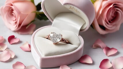 Luxurious velvet box holding a sparkling heart-shaped diamond ring, with soft rose petals scattered around.