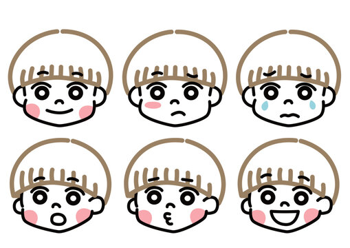 Boy with cute pudding bowl cut hairstyle with various expressions.