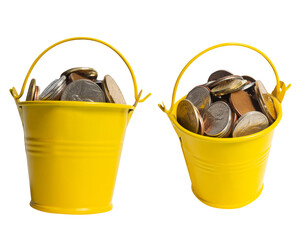 Isolated photo of various coins in yellow bucket on white background. © breakermaximus
