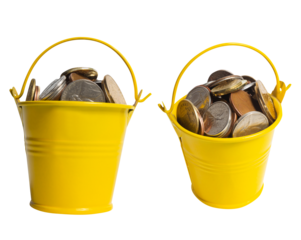 Isolated photo of various coins in yellow bucket on white background.