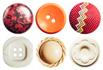 Isolated photo of various clothing and sewing buttons accessories on white background.