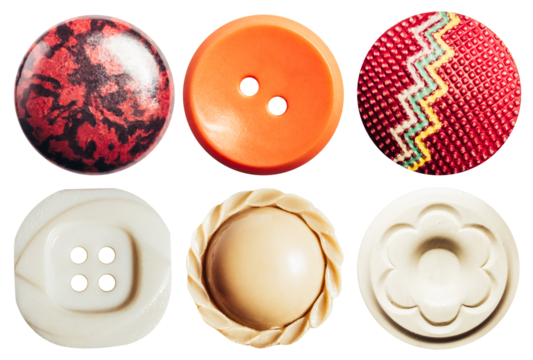 Isolated photo of various clothing and sewing buttons accessories on white background.