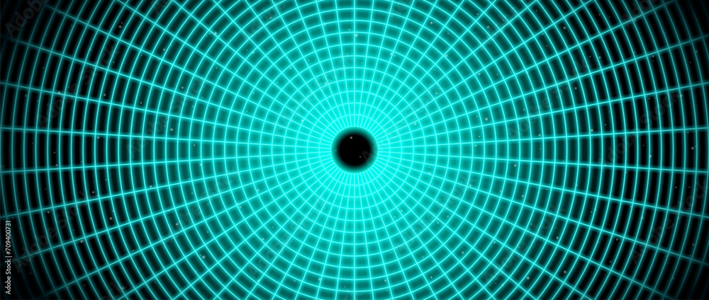Poster neon blue glowing wireframe tunnel. turquoise wormhole in deep space with stars. grid tunnel in pers