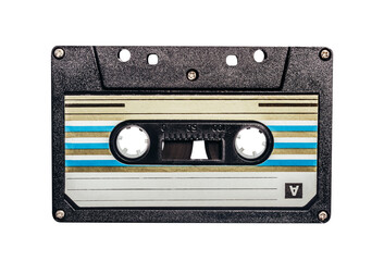 Isolated photo of old fashioned, black colored audio tape cassette on white background.