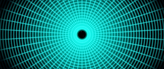 Neon blue glowing wireframe tunnel. Turquoise wormhole in deep space with stars. Grid tunnel in perspective. Funnel or portal illusion. Circular mesh structure tube. Vector optical art illustration
