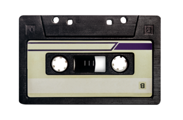 Isolated photo of old fashioned, black colored audio tape cassette on white background.