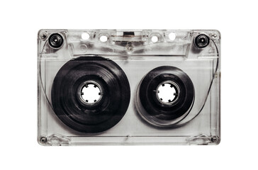 Isolated photo of old fashioned, transparent audio tape cassette on white background.