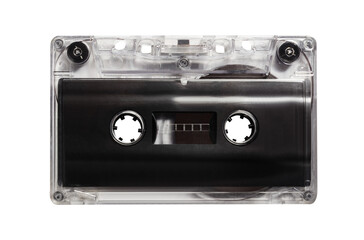 Isolated photo of old fashioned, transparent and black colored audio tape cassette on white...