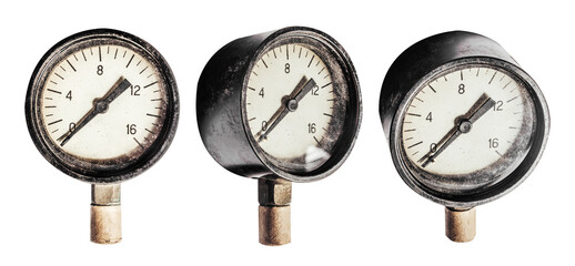 Isolated photo of old soviet pressure gauge devices on white background.
