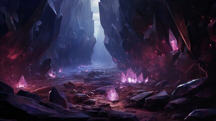 Glowing crystals emerging from a rocky cavern