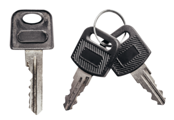 Isolated photo of rusty keys set on white background.