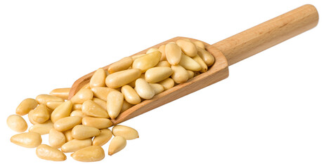 Roasted pine nuts in the wooden scoop, isolated on the white background.