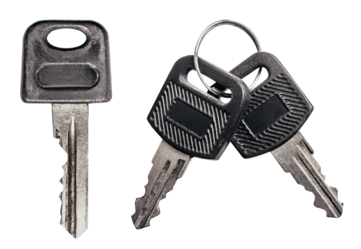 Isolated photo of rusty keys set on white background.