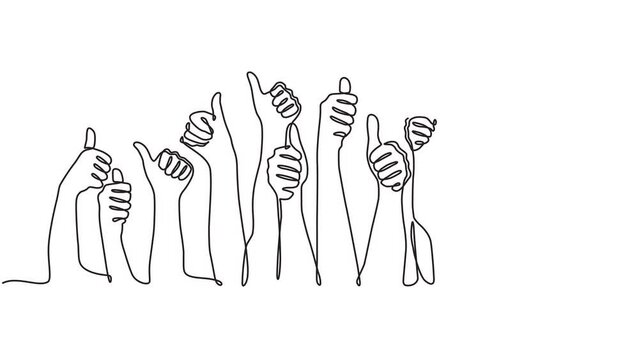 Continuous One Line Animation. Hand Drawn Animated Motion Graphic Element Of Many Giving Thumbs Up .Concept Of Many People Congratulating The Winner And Giving His Thumbs Up. 4k Videos