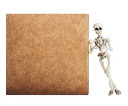 Isolated photo of toy skeleton standing and leaning on carboard box on white background, front view.