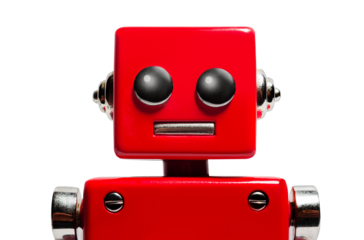 Isolated photo of red toy robot head on white background.