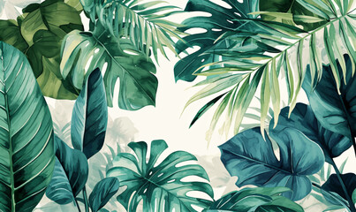 Exotic watercolor tropical leaves and plants background