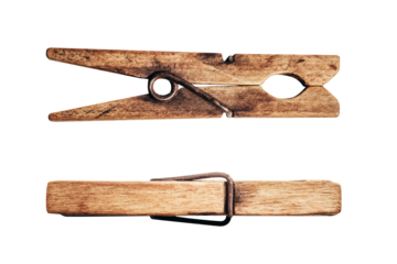 Isolated photo of old wooden clothes pin on white background.