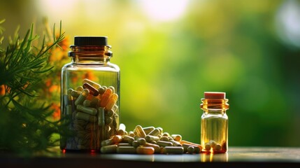 Closeup of a bottle of herbal supplements, emphasizing the rise of alternative, natural remedies for health concerns. - obrazy, fototapety, plakaty