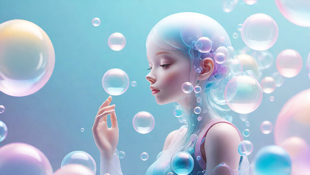 3d illustration of a beautiful female face in colorful water with bubbles transparent color pastel