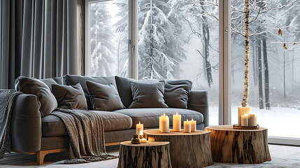 Sofa with grey cushions and tree stump coffee table with candles against window with forest view. Scandinavian home interior design of modern living room in chalet 
