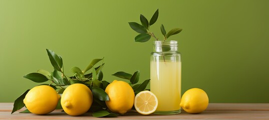 Zesty lemon juice in glass on wooden table, isolated on soft yellow background with space for text.