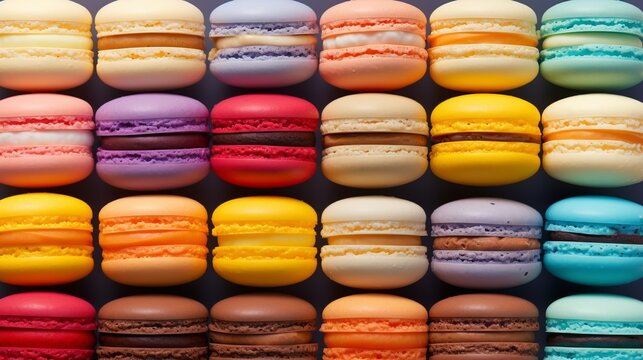 Colorful macarons cake, top view flat lay, minimalist macaroon pattern, food background.
