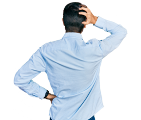 Hispanic man with blue eyes wearing business shirt backwards thinking about doubt with hand on head