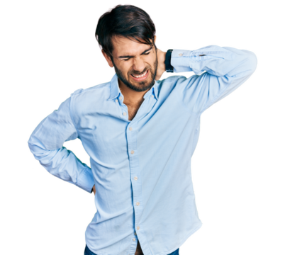 Hispanic man with blue eyes wearing business shirt suffering of neck ache injury, touching neck with hand, muscular pain