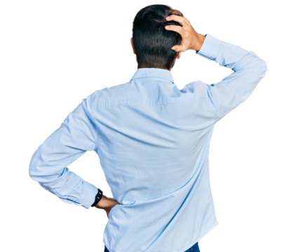 Hispanic man with blue eyes wearing business shirt backwards thinking about doubt with hand on head
