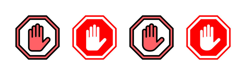 Stop icon set illustration. stop road sign. hand stop sign and symbol. Do not enter stop red sign with hand