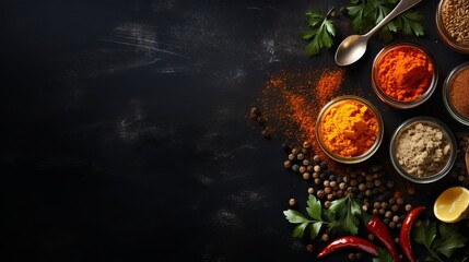 Vibrant turmeric powder in spoon on black stone surface with copy space for food and spice concepts