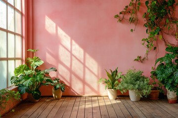 Fototapeta na wymiar Ambiente claro e com muitas plantas, parede rosa claro