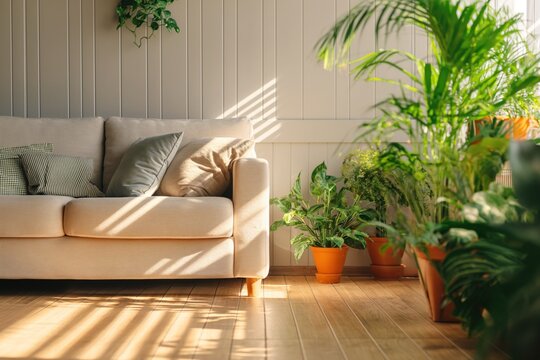 Sala de estar inspirado na natureza, com sof&aacute; claro, muita entrada de luz e plantas para completar a decora&ccedil;&atilde;o.