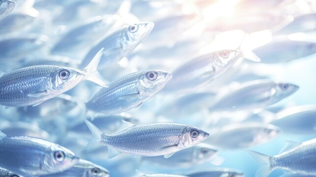 Closeup of a school of silver fish swarming together in perfect unison.