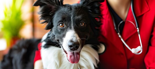 Experienced vet nurse examining and testing border collie for optimal pet health in modern clinic