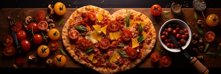 a heart shaped pizza with toppings on a table next to tomatoes