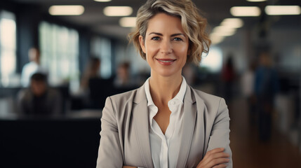 Fototapeta premium Confident Businesswoman with Glasses in Modern Office Space, Professional Leadership and Success Concept