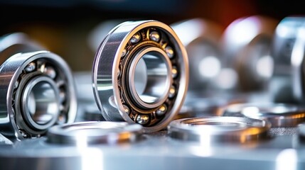 Closeup of a set of silver skate bearings with protective shields. - obrazy, fototapety, plakaty