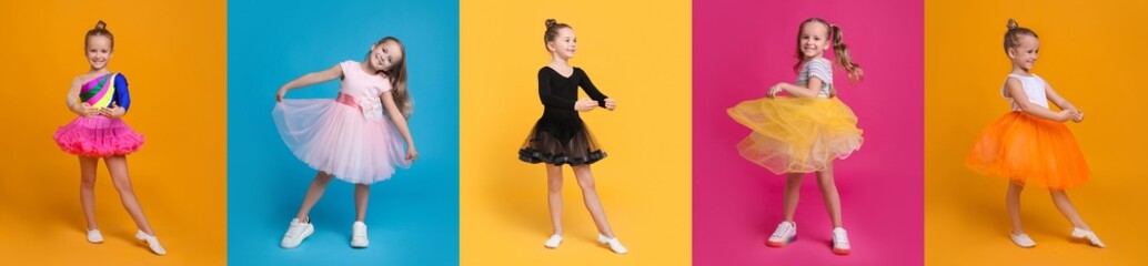 Cute little girls dancing on different colors backgrounds, collection of photos