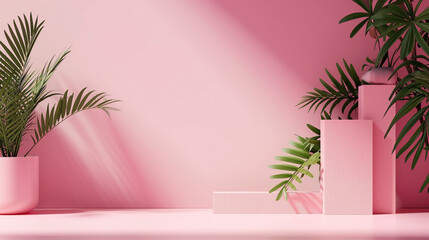 Obraz premium Tropical frame pink banner with blank space for advertising.