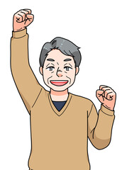 ガッツポーズのシニアの男性