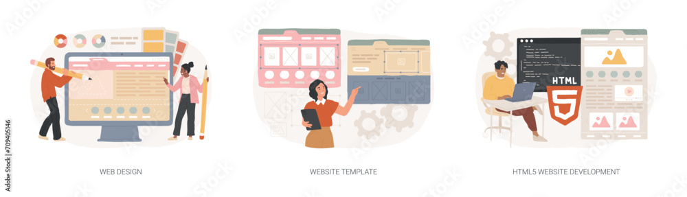 Poster website building service isolated concept vector illustration set. web design, website template, htm